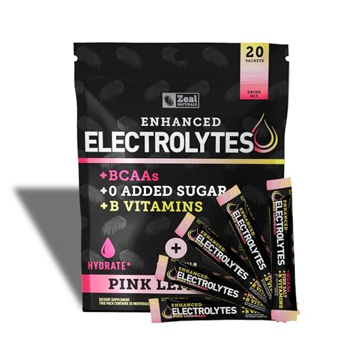 Zeal Naturals Enhanced Electrolyte Powder Stick Packs (Pink Lemonade - 20 Packets) Sugar Free + BCAA B-Vitamins & Pink Himalayan Salt - Keto Electrolytes, Hydration Powder
