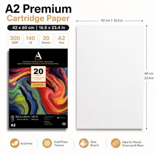 Image of ArtRight Mixed Media Cartridge Paper A2 300 GSM - 20 Drawing Sheets for Artists, Ideal for Charcoal, Graphite, Acrylic, Watercolor, Gouache, Ink, & Other Mixed Media