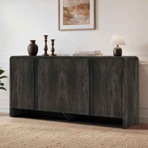 Image of AMERLIFE 63 inch Fluted Sideboard Buffet Cabinet with Storage, Modern Credenza Console with 4 Doors & Adjustable Shelves, Wood Coffee Bar for Kitchen, Living Room, Hallway, Black