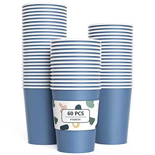 YANGTE 60 Pieces Blue Paper Cups Disposable Party Cups Biodegradable and Compostable Drinking Cups for Party, Birthday Supplies, DIY - 9 Ounce - 250ml