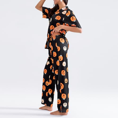 CocMouse Halloween Pajamas Set for Women Button Down Short Sleeve Pjs Set with Long Pants 2 Piece Loungewear Pjs Sets (Black, L) - Image 5