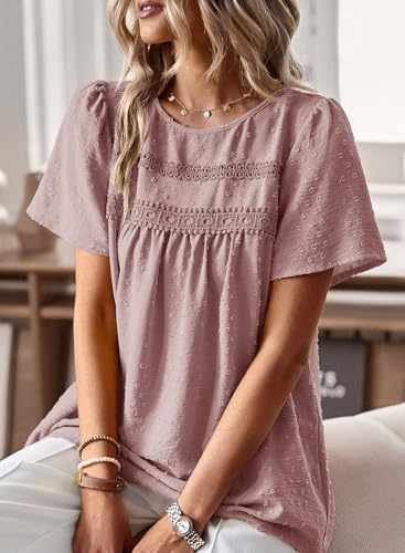 Image of Falechay Womens Summer Tops Crewneck Short Sleeve Shirts Casual Chiffon Blouses Flowy Lace Hem Boho Clothing Trendy 2026
