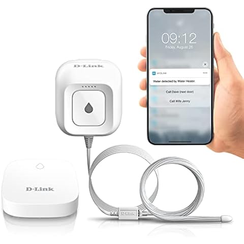 D-Link DCH-S1621KT Wi-Fi Water Leak Sensor and Alarm Starter Kit, Whole Home System with App Notification, AC Powered, No Hub Required (DCH-S1621KT), White Cover
