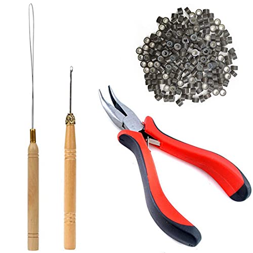 1 Set Hair Extension Tool Kit Plier Hook Pulling Needle 200Pc or so Micro Silicone Link Rings Beads for Professional Hair Styling Tools Accessory (Dark Brown)