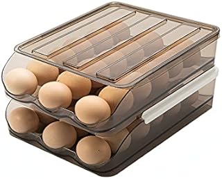MEYYY 2-Tier Egg Holder with Lid Auto Scrolling Fridge Egg Trays Stackable Fridge Organiser for 36 Eggs Basket Kitchen Storage Containers, Transparent Gray