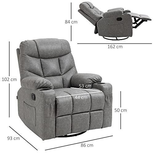HOMCOM Recliner Armchair, Swivel PU Leather Manual Reclining Chair with Adjustable Leg Rest, Drink Holders, Side Pockets, Rocker Chair for Home Living Room, Light Grey