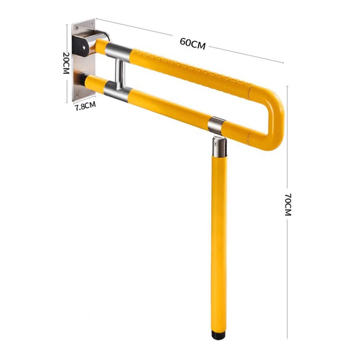 Barras de agarre para discapacitados, barra de seguridad abatible para inodoro con pata, agarre antideslizante, ayuda para ancianos, embarazadas, discapacitadas (tamaño: 70 x 60 cm, color: amarillo)