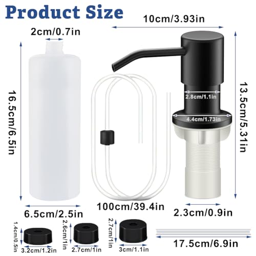 Seifenspender Küche Einbau, Spülmittelspender Küche für Spülbecken mit Edelstahl 360° 300ML Drehbarer Pumpe, 330ML Flasche, 1m Verlängerungsschlauch (Schwarz)