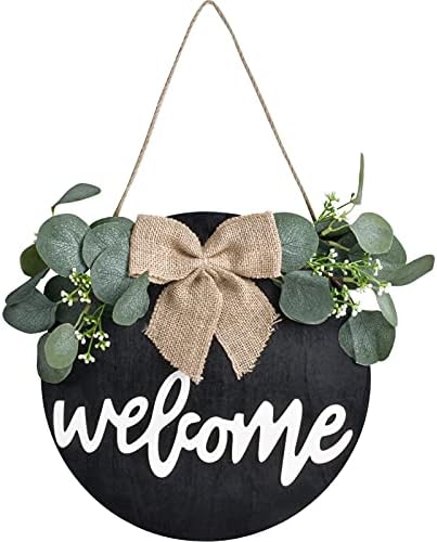 Cartello Di Benvenuto Rotondo In Legno Per Porta D'Ingresso - Decorazione Rustica Con Fiocco A Quadri E Foglie Verdi, 33 Cm - 4