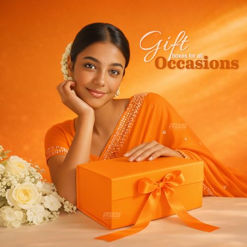 Image of RBS - Foldable Gift Box with Ribbon 23 x 16 x 10cm Gift Boxes for Packaging (1 Pack) Multi-Purpose Gift Boxes for Presents Reuse Gift Packing Box Decorative Hamper Box (Orange Aura)