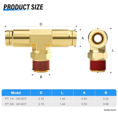 Image of TAILONZ PNEUMATIC 5PCS 3 /8 Inch Tube OD x 1 /4 Inch NPT Thread DOT Tee Out Pipe Air Fittings PT-3 /8-N2,Push to Connect Fittings Air Brake Pipe Fittings for Cars、Trucks、Air Brake Systems、Etc.