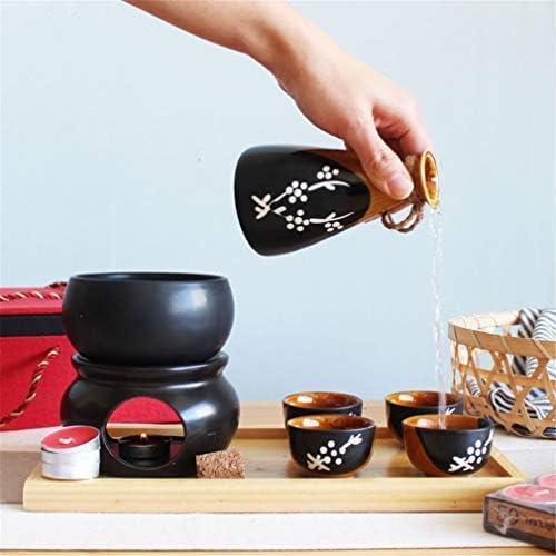 Japanese Style Ceramic Sake Serving Gift Set with Warmer Featuring ?1 Sake Pot ?4 Cups 1 Sake Pot Wamer?1 Heating Station? Black