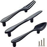 Sinyiol 3Pcs Funny Cutlery Tableware Cabinet Pulls,Creative Spoon Fork Knife Shape 3' Hole Center Vintage Kitchen Cupboard Pulls Handles,Cute and Fun (Mixed Pack, Black, 3Pcs)