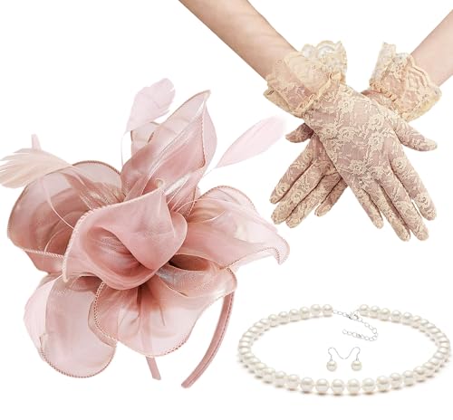Gionforsy Kentucky Derby Hat Fascinator Veil Fascinator Headband Lace Gloves Imitation Pearl Necklace Earrings Feather Pillbox Fascinator for Wedding Tea Party (Style 6-Pink)