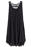 geraffter Rundhalsausschnitt Italienische Mode Sommerkleid mit Spitze am Rücken Tunikakleid Knielang Schwarz 38+40