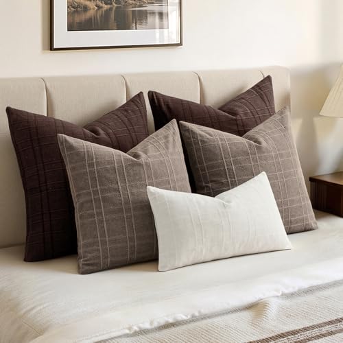 Image of MIULEE Decorative Linen Check Euro Shams Throw Pillow Covers Neutral Farmhouse Vintage Pillow Covers 24x24 Set of 2 Boho Modern Winter Home Decor for Sofa Couch Bedroom Cushion Dark Brown