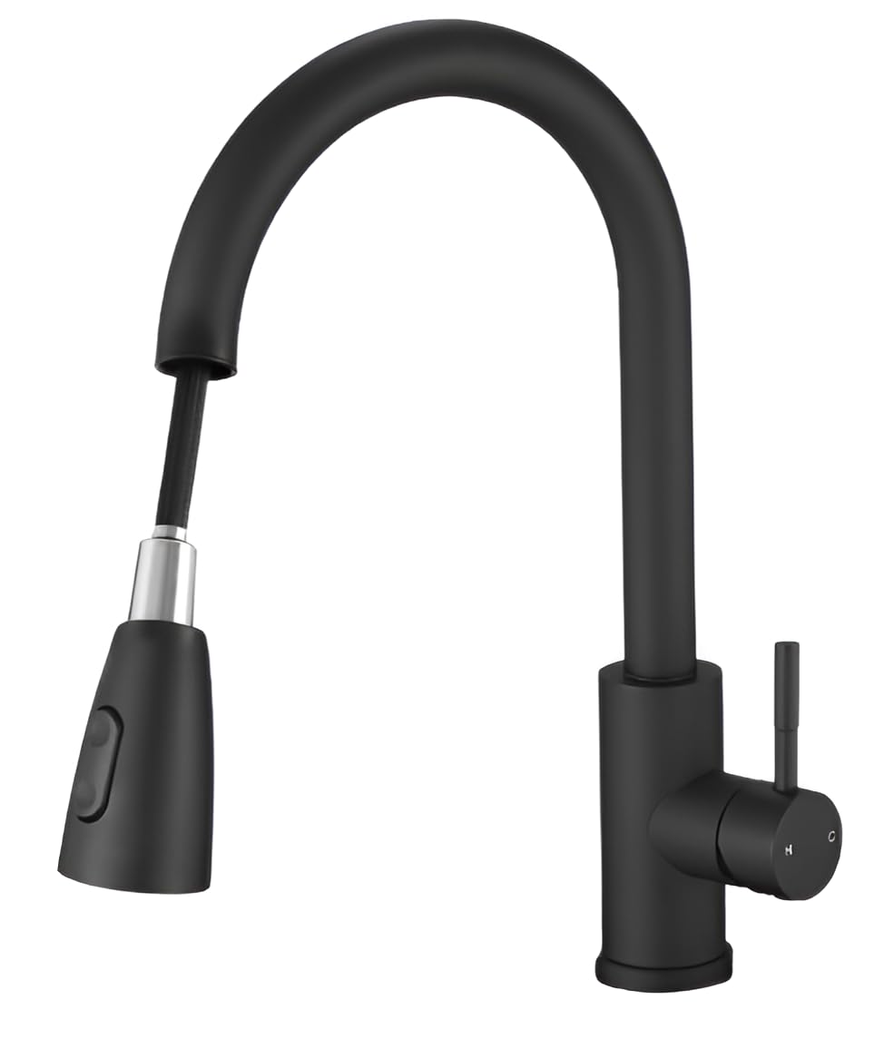 Matte Black Stainless Steel Pull Down Kitchen Faucet Single Handle 360 Swivel Water Saving Kitchen Sink Mixer Tap Pull Out Sprayer Modern Black Kitchen Sink Faucet for RV and Home-image-11