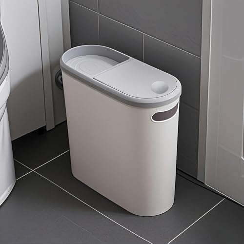 Livhome 10L Slim Bathroom Bin Narrow Plastic Trash Can with Touch Top Lid & Handle Slimline Kitchen Bin Compact Design Waste Bin Small Space Storage for Bathroom Bedroom Office (White/Grey)
