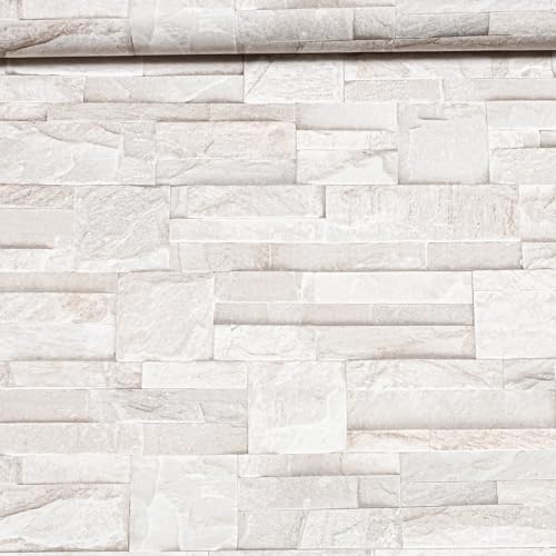 Muriva Thorn Slate Natural Beige Stone Brick Wall Effect Textured Vinyl Wallpaper