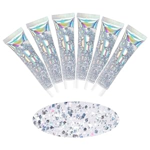 6PCS Silver Face Body Glitter Gel，Mermaid Holographic Sequins Chunky Glitter Paint for Party Singer Concerts Music Festival Rave Accessories for Girls Women Face Body Hair Sparkling Makeup