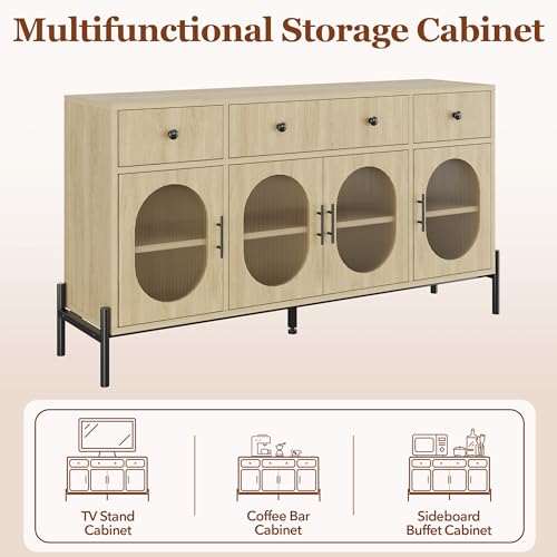 GarveeHome 62" Large Sideboard Buffet Cabinet with Storage and 3 Drawers, Buffet Table Coffee Bar Storage Cabinet with 4 Glass Doors for Dining Room, Living Room, Kitchen