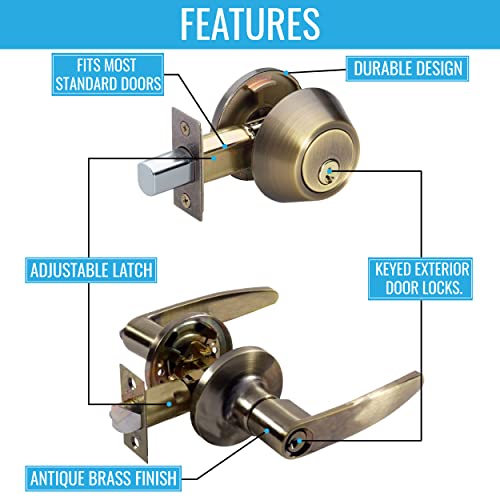 Nu-Set Tustin Series Keyed Alike Entry Lever Lock And Single Cylinder Deadbolt Combo, Antique Brass Finish, Keyway, 4-Pack (T-E-5-3 + 70053) #TOP2