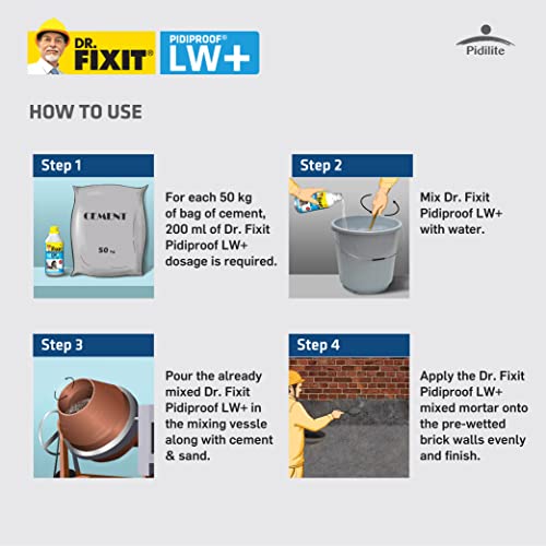 Image of DR. FIXIT PIDIPROOF LW+, 5 litre, Cement Tonic, Integral Liquid Waterproofing Compound for Concrete and Plaster, Reduces Shrinkage Crack Development(200ml for 1 Cement Bag) pack of 2