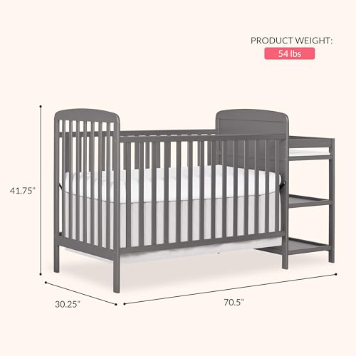 Dream On Me Anna 3-in-1 Convertible Full-Size Baby Crib & Changer with Storage in Steel Grey, GreenGuard Gold & JPMA, Pinewood, Converts to Day & Toddler Bed, 3 Mattress Heights, 1″ Changing Pad