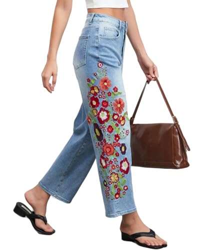 EZAPINE Straight Leg Cropped Jeans for Women Trendy Mid Rise Floral Print Boho Casual Denim Ankle Pants