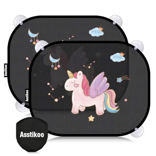 Asstikoo Pare-soleil pour voiture, bébé, avec protection anti-UV, motif de licorne, avec 8 ventouses, pour fenêtre de voiture, enfants, avec motifs d'animaux mignons, 45 x 35,5 cm (lot de 2)