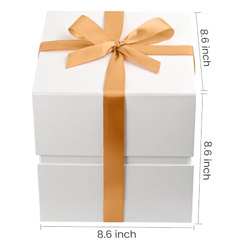 Image of LIFELUM Square Gift Box with Magnetic Lid, Card, Sticker, Ribbon, Shredded Paper Filler for Business, Wedding, Birthdays (White, square - 8.6 inch, 1 count (Pack of 1))