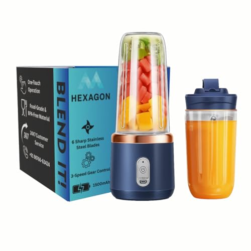 Hexagon Portable Blender Electric Juicer Mixer – USB Rechargeable Smoothie Maker with 6 Stainless Steel Blades, 3-Speed Gears, 1800mAh Battery, Mini Personal Fruit Juicer for Shakes & Smoothies (Blue)