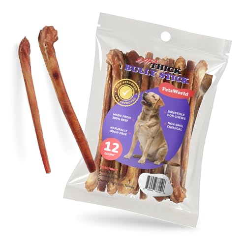 PETSWORLD 12" Extra Thick Bully Sticks (12 Count) - All-Natural, Odor-Free Dog Chews for Large Dogs | Long-Lasting, 100% Digestible Beef Pizzle Treats