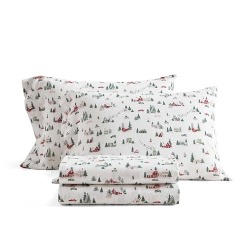 Image of Martha Stewart - Flannel Sheets Twin Size, Anti-Pilling & Wrinkle Resistant Cotton, Touchably Soft for All-Season Comfort - Bed Sheets with Matching Pillowcase & Fitted Sheet (Ski Village Green)