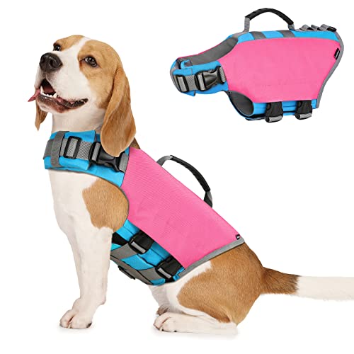 VavoPaw Hondenreddingsvest, reddingsvest voor honden met hoog drijfvermogen, verstelbaar Ripstop veiligheidsvest Float reddingsaver vest reflecterende strepen voor zwemvarende honden, medium maat, rose rood