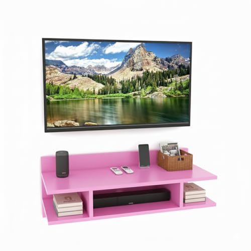 Image of Engineered Wood Set Top Box Stand | Wall Mounted TV Unit Shelf for Router, WiFi, DVD, Gaming Console | Sturdy & Space Saving TV Accessory Organizer (Brown, 50 x 20 x 15 cm) (Pink)