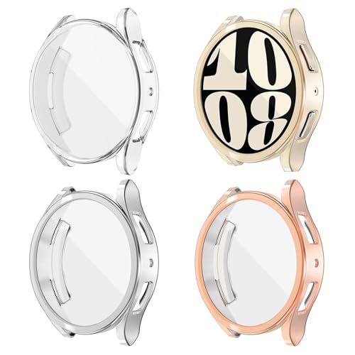 Yolovie (4-Stück) Schutzhülle Kompatibel mit Samsung Galaxy Watch 6 (Version 2023) 40mm hülle Displayschutz Silikon Robuster Stoßfänger Cover (Clear/Silber/Cream/Roségold)