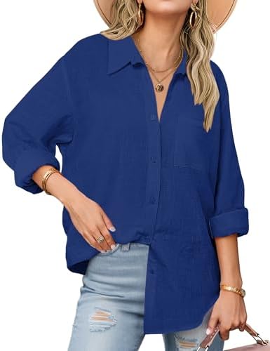 Zeagoo Womens Button Down Shirts Long Sleeve Cotton Gauze Tops Ca...