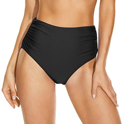 Annbon Women's High Waist Bikini Bottom Side Shirred Full Coverage Tankini Swimsuit Bottom, Black, X-Large Cover