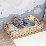 Ocodile Twin Floor Bed with Safety Guardrails for Kids, Montessori Inspired with Rails and 2 Openings, Twin Size Bed Frame for Girls and Boys - Varnished