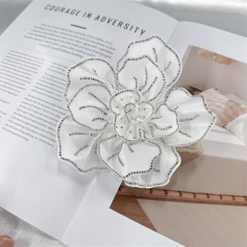 Image of Fabric Rhinestone Flower Big Brooch Lapel Pins for Women Elegant Crystal Floral Brooches Pin for Dresses Suit Accessories Jewelry Boutonniere Corsage Wedding Party 5.5in