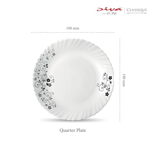 Image of La Opala Diva Classique Collection Opal Glass Crockery | Quarter Plate Set of 6 | Mystrio Black Design | for Snacking & Gifting | Microwave Safe | 100% Vegetarian | Extra Strong | Light & White