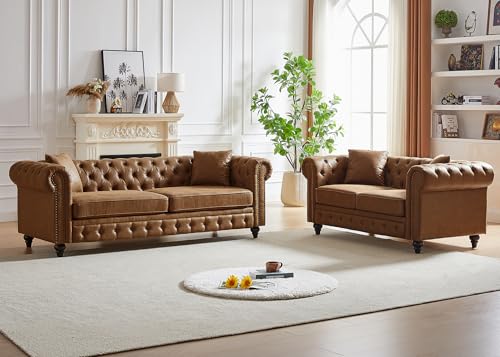 Image of 2 Piece Living Room Sofa Set,Faux Leather Button Tufted Couch and Loveseat Set with Nailhead Trim&Roll Armrests,Mid Century Modern Chesterfield Sofa for Living Room,Office(Loveseat+3 Seater,Brown)