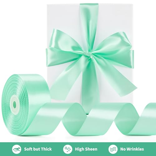 Image of Mauproy 1-1 /2 Inch Wide Mint Green Satin Ribbon, 50 Yards Solid Polyester Fabric Ribbon for Roses Making, Gift Wrapping, Flower Bouquets, Wedding Decorations, Handmade Crafts
