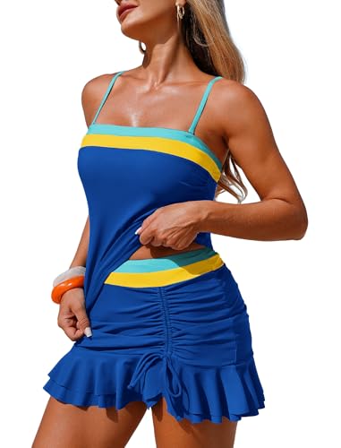 Image of ZAFUL Colorblock Bandeau Tankini Swimsuits for Women 2 Piece Tummy Control Bathing Suit Drawstring Ruffle Swim Skort
