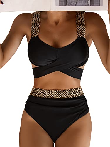 Sweatyrocks Women's High Waisted Bikini Set Bathing Suit Criss Cross Two Piece Tie Back Bikini Swimsuit Set Black L #TOP2