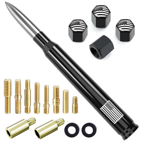 Image of Car Truck Bullet Antenna with Tire Valve Caps American Flag Universal Short Replacement for GMC Sierra Chevy Silverado Dodge Ram 1500 2500 3500 Ford F150 F250 F350 Super Duty Raptor Accessories Silver
