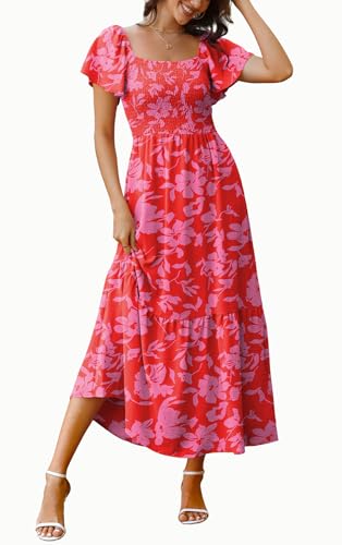 Image of OFEEFAN Summer Dresses for Women Square Neck Ruffle Sleeve Smocked Maxi Dress with Pockets