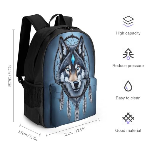 Unisex Native Wolf Dream Catcher Backpack, Elegant Large Capacity Backpack with Water Bottle Pocket, Adjustable Travel Shoulder Bag for Women Men2