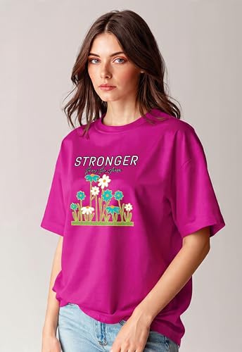 Image of Oversized T-Shirt for Women, 100% Cotton, Pink, Graphic Print 'Stronger Than the Wind', Ovesized Fit